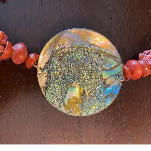 Red Sponge Coral and Mother of Pearl 6 Strand Statement Necklace 30" - Picture 6 of 6
